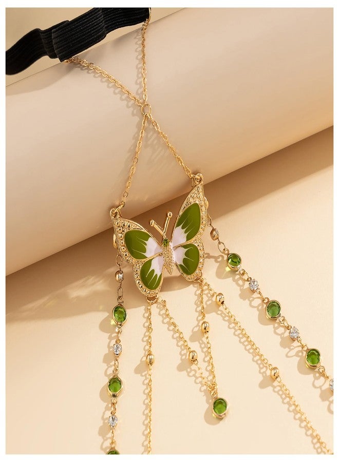 WFik Summer Crystal Thigh Chain Jewelry Elastic Adjustable Crystal Tassel Leg Chain Bikini Beach Festival Rave Rhinestone Butterfly Body Thigh Chain Jewelry for Women (Green) - Image 3